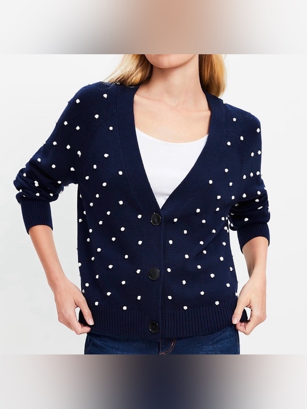 LOFT NWT‎ Navy Blue Pom Pom Bobble Cardigan Sweater. Size XL